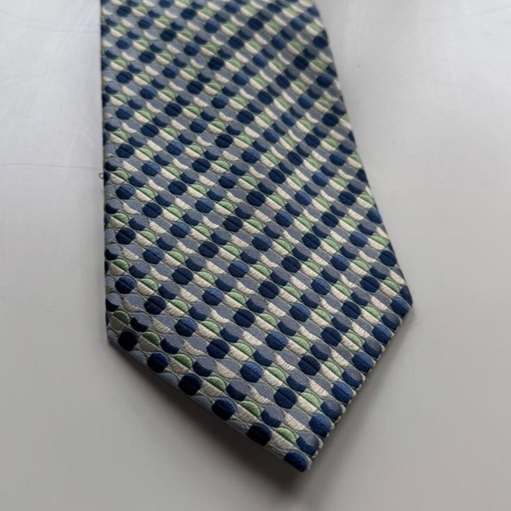 Longdewry 100% Silk Tie Blue Green Gray Geometric Dot Pattern Necktie 3.75"